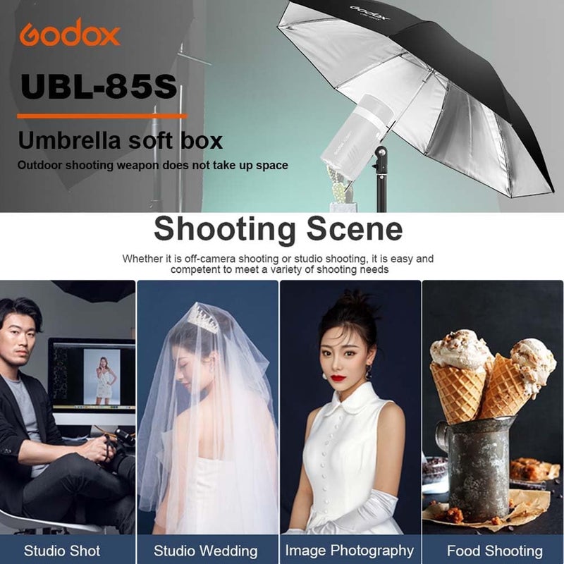 Godox UMB-85S 85 سم 33.4 بوصة مظلة عاكسة سوداء فضية للاستوديو الفوتوغرافي مع غطاء ناشر كبير لتصوير الفيديو - Image 5